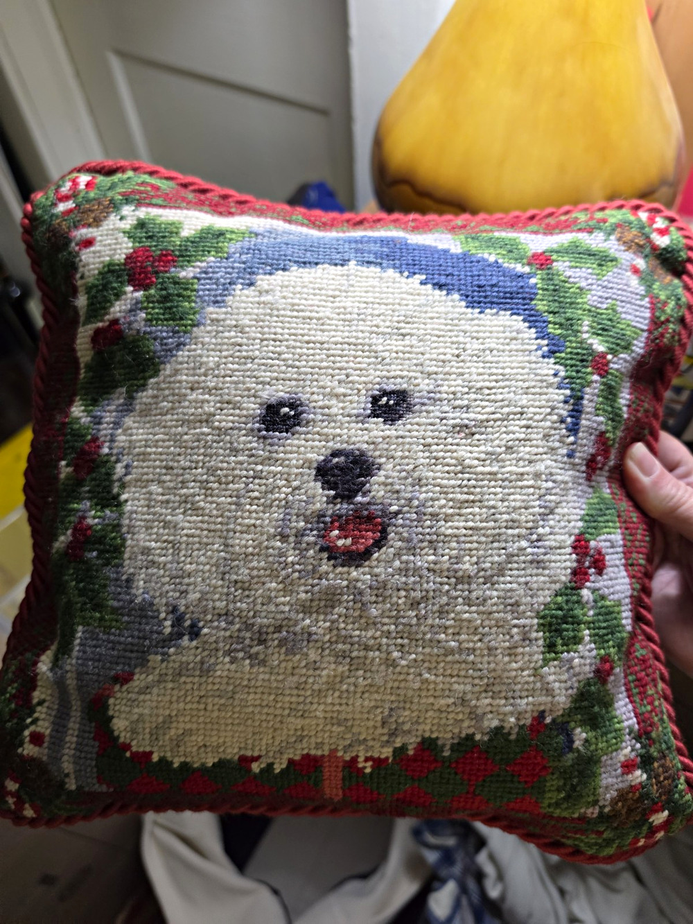 Vintage Tapestry Christmas Bichon Dog Throw Pillow Red Velvet Back 12 x 12